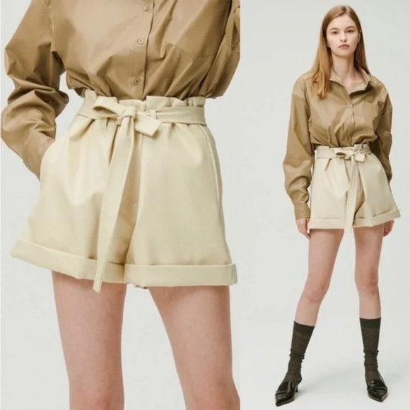 Storets Rachel Paperbag Pleather Vegan Leather Shorts in Cream - Picture 1 of 11